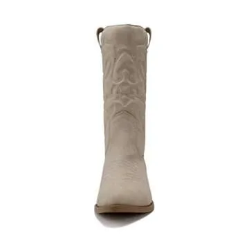 Soda Reno Women Western Cowboy Pointed Toe Knee High Pull On Tabs Boots (Cream Nubuck, US Footwear Size System, Adult, Women, Numeric, Medium, 10)