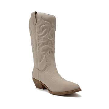 Soda Reno Women Western Cowboy Pointed Toe Knee High Pull On Tabs Boots (Cream Nubuck, US Footwear Size System, Adult, Women, Numeric, Medium, 10)