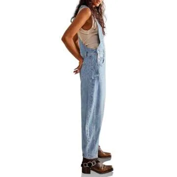 PLNOTME Womens Denim Bib Overalls Barrel Leg Adjustable Strap Jean Pants Jumpsuits with Pockets