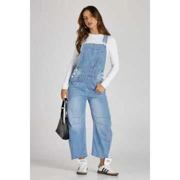 PLNOTME Womens Denim Bib Overalls Barrel Leg Adjustable Strap Jean Pants Jumpsuits with Pockets