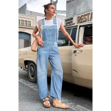 PLNOTME Womens Denim Bib Overalls Barrel Leg Adjustable Strap Jean Pants Jumpsuits with Pockets