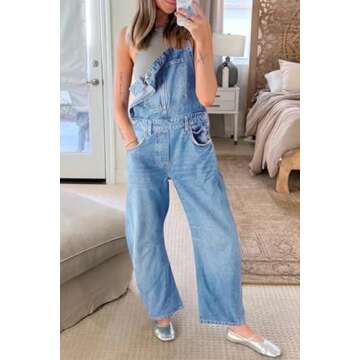 PLNOTME Womens Denim Bib Overalls Barrel Leg Adjustable Strap Jean Pants Jumpsuits with Pockets