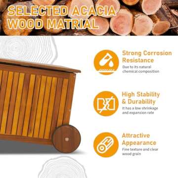 VINGLI 57 Gallon Wooden Outdoor Deck Box, Acacia Patio Storage Box with Convenient Wheels, Outdoor Storage Bin with Water-Resistant Inner Bag, Patio Deck Box for Indoors & Outdoors