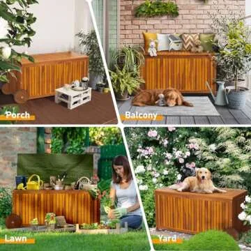 VINGLI 57 Gallon Wooden Outdoor Deck Box, Acacia Patio Storage Box with Convenient Wheels, Outdoor Storage Bin with Water-Resistant Inner Bag, Patio Deck Box for Indoors & Outdoors