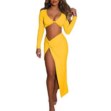 LuFeng Women's Sexy Bodycon 2 Piece Dress Outfit Long Sleeve V Neck Crop Top Twist High Slit Long Dresses Skirt Set Yellow