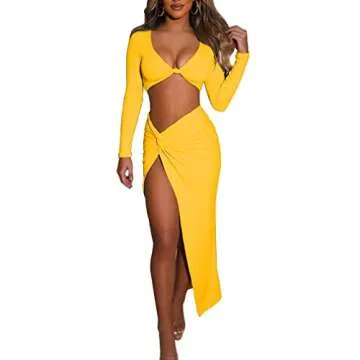 LuFeng Women's Sexy Bodycon 2 Piece Dress Outfit Long Sleeve V Neck Crop Top Twist High Slit Long Dresses Skirt Set Yellow
