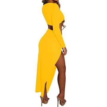 LuFeng Women's Sexy Bodycon 2 Piece Dress Outfit Long Sleeve V Neck Crop Top Twist High Slit Long Dresses Skirt Set Yellow