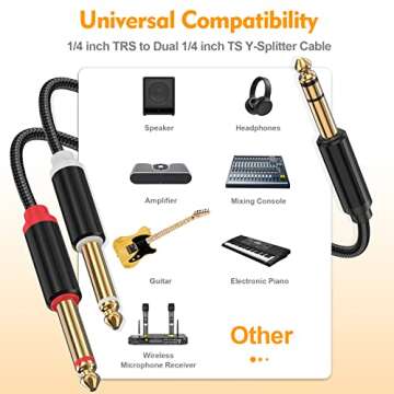 HOSONGIN 1/4 inch TRS Stereo to Dual 1/4 inch TS Mono Y-Splitter Insert Cable, Nylon Braided Jacket Gold-Plated Plug Double Shielding Cable, 3.3 Feet