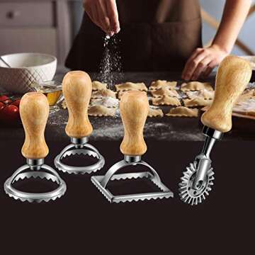 Ravioli Cutter Stamp Maker and Pasta Roller Wheel Cutter Set, Round Square Shape Fluted Press Mold with Wooden Handle, for Kitchen Ravioli Machine