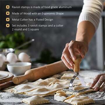 Ravioli Cutter Stamp Maker and Pasta Roller Wheel Cutter Set, Round Square Shape Fluted Press Mold with Wooden Handle, for Kitchen Ravioli Machine