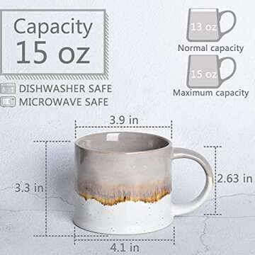 Bosmarlin Medium Ceramic Coffee Mug Set of 2, 15 oz, Stoneware Tea Cup for Office and Home, Dishwasher and Microwave Safe (Grey, 2)