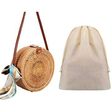 Round Rattan Bags,Handwoven Straw Crossbody Handbag for Women with Shoulder Leather Strap…