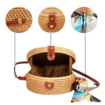 Round Rattan Bags,Handwoven Straw Crossbody Handbag for Women with Shoulder Leather Strap…