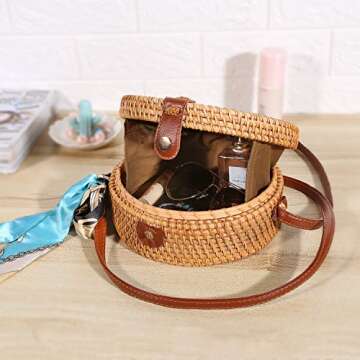 Round Rattan Bags,Handwoven Straw Crossbody Handbag for Women with Shoulder Leather Strap…