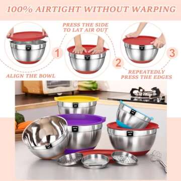Umite Chef Mixing Bowls with Airtight Lids Set, 8PCS Stainless Steel Nesting Bowls Set, 3 Grater Attachments & Non-Slip Bottoms, Size 5, 4, 3.5, 2, 1.5QT for Baking & Mixing(Colorful)