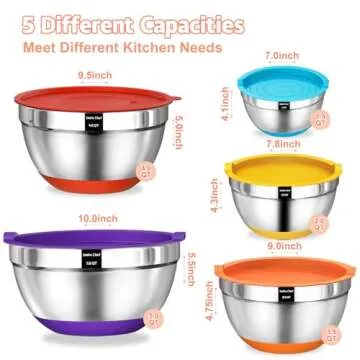 Umite Chef Mixing Bowls with Airtight Lids Set, 8PCS Stainless Steel Nesting Bowls Set, 3 Grater Attachments & Non-Slip Bottoms, Size 5, 4, 3.5, 2, 1.5QT for Baking & Mixing(Colorful)