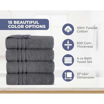 Hawmam Linen Grey Bath Towels Set of 4, Cotton Towel Soft Absorbent Quick Dry Towels for Bathroom 27x54 Inch