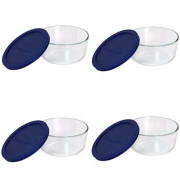 Pyrex Storage 4-Cup Round Dish with Dark Blue Plastic Cover, Clear (Case of 4 Containers)