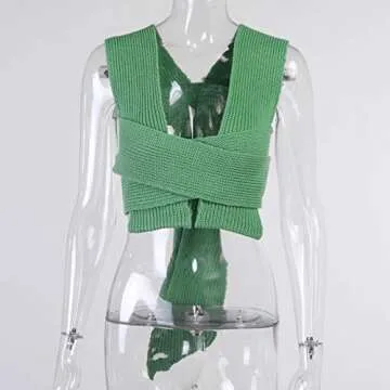 FlyCC Women's Sexy Strappy Wrap Around Halter Knit Crop Top Rave Sweater Knitwear Shirts Tank Tops Green