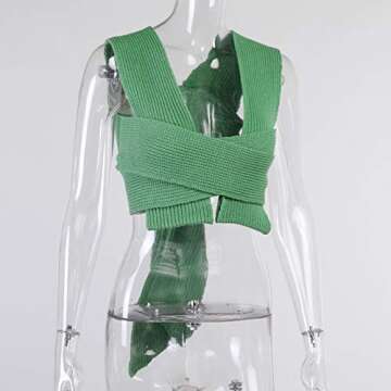 FlyCC Women's Sexy Strappy Wrap Around Halter Knit Crop Top Rave Sweater Knitwear Shirts Tank Tops Green