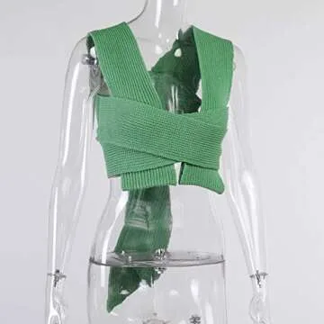 FlyCC Women's Sexy Strappy Wrap Around Halter Knit Crop Top Rave Sweater Knitwear Shirts Tank Tops Green
