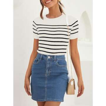 ZESICA Women's Short Sleeve Crewneck Striped T Shirt 2024 Summer Ribbed Knit Slim Fit Casual Basic Tee Tops,White,Medium