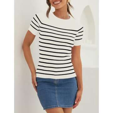 ZESICA Women's Short Sleeve Crewneck Striped T Shirt 2024 Summer Ribbed Knit Slim Fit Casual Basic Tee Tops,White,Medium