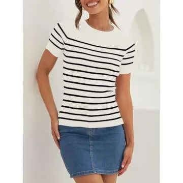 ZESICA Women's Short Sleeve Crewneck Striped T Shirt 2024 Summer Ribbed Knit Slim Fit Casual Basic Tee Tops,White,Medium