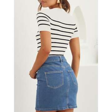 ZESICA Women's Short Sleeve Crewneck Striped T Shirt 2024 Summer Ribbed Knit Slim Fit Casual Basic Tee Tops,White,Medium