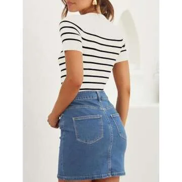 ZESICA Women's Short Sleeve Crewneck Striped T Shirt 2024 Summer Ribbed Knit Slim Fit Casual Basic Tee Tops,White,Medium