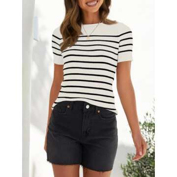 ZESICA Women's Short Sleeve Crewneck Striped T Shirt 2024 Summer Ribbed Knit Slim Fit Casual Basic Tee Tops,White,Medium