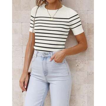ZESICA Women's Short Sleeve Crewneck Striped T Shirt 2024 Summer Ribbed Knit Slim Fit Casual Basic Tee Tops,White,Medium
