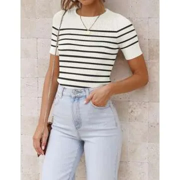 ZESICA Women's Short Sleeve Crewneck Striped T Shirt 2024 Summer Ribbed Knit Slim Fit Casual Basic Tee Tops,White,Medium