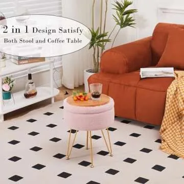 Cplxroc Ottomans Round Faux Fur Ottoman with Storage Footstools Vanity Chair Coffee Table Ottoman for Living Room (Pink)