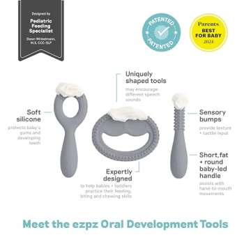ezpz Oral Development Tools - 3 Months+ (3 Pack in Gray) - Non-Slip Loop, Smile and Stick, 100% Sili...