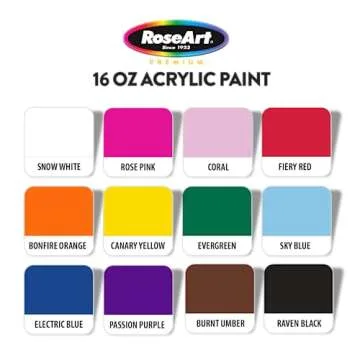 RoseArt Acrylic Paint Set - 12 Vibrant 16oz Colors