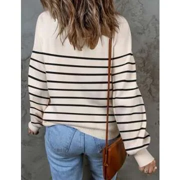 ZESICA Women's Fall Fashion Turtleneck Long Sleeve Striped Ribbed Knit Loose Pullover Sweater Tops,Apricot,Large