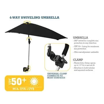 Sport-Brella Versa-Brella SPF 50+ Adjustable Umbrella with Universal Clamp, Black