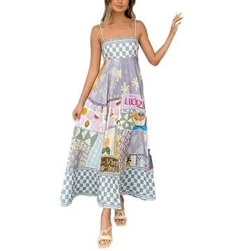 Michellecmm Women Spaghetti Strap Sleeveless Dress Summer Print Flowy Boho Long Sun Dress for Cockta...