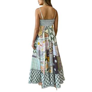 Michellecmm Women Spaghetti Strap Sleeveless Dress Summer Print Flowy Boho Long Sun Dress for Cocktail Beach Streetwear (Gray, M)