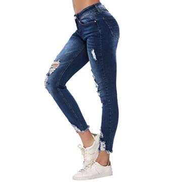 Resfeber Women's Ripped Boyfriend Jeans Stretch Distressed Jeans Capri Mom Jean with Hole