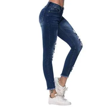 Resfeber Women's Ripped Boyfriend Jeans Stretch Distressed Jeans Capri Mom Jean with Hole