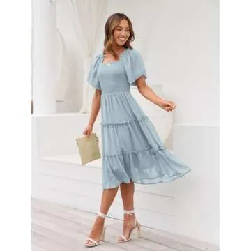 LILLUSORY Women Dresses Spring Summer 2025 Midi Graduation Bridal Baby Shower Casual Flowy Boho Sun Sundress Trendy Brunch Cute Ladies Vacation Beach Smocked Teacher Clothes Outfits Light Blue S