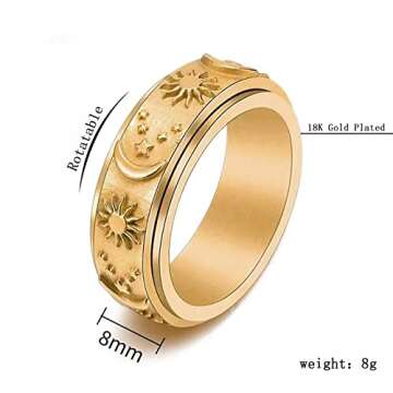 AllenCOCO Spinner Anxiety Relief Ring for Women, Sun Moon Stars Ring, 18k Gold Plated Stainless Steel Fidget Rings for Stress Men…