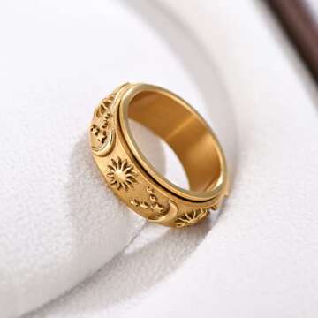 AllenCOCO Spinner Anxiety Relief Ring for Women, Sun Moon Stars Ring, 18k Gold Plated Stainless Steel Fidget Rings for Stress Men…