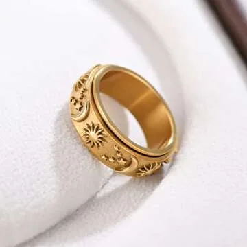 AllenCOCO Spinner Anxiety Relief Ring for Women, Sun Moon Stars Ring, 18k Gold Plated Stainless Steel Fidget Rings for Stress Men…
