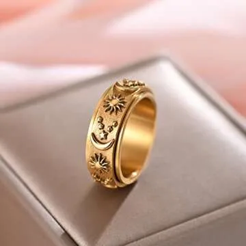 AllenCOCO Spinner Anxiety Relief Ring for Women, Sun Moon Stars Ring, 18k Gold Plated Stainless Steel Fidget Rings for Stress Men…