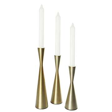 Homend Set of 3 Metal Taper Candle Holders Candlestick Holders, Vintage & Modern Decorative Centerpiece Candlestick Holders for Table Mantel Wedding Housewarming Gift (Brass)