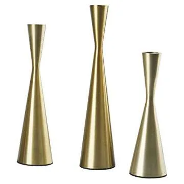 Homend Set of 3 Metal Taper Candle Holders Candlestick Holders, Vintage & Modern Decorative Centerpiece Candlestick Holders for Table Mantel Wedding Housewarming Gift (Brass)