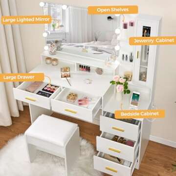 ANWBROAD Large Vanity Desk with Mirror and Lights 45.3" Makeup Vanity with Charging Station Nightstand 3 Lighting Modes Dressing Table with 5 Drawers Jewelry Cabinet Glass Door Bedroom White UBDT68W